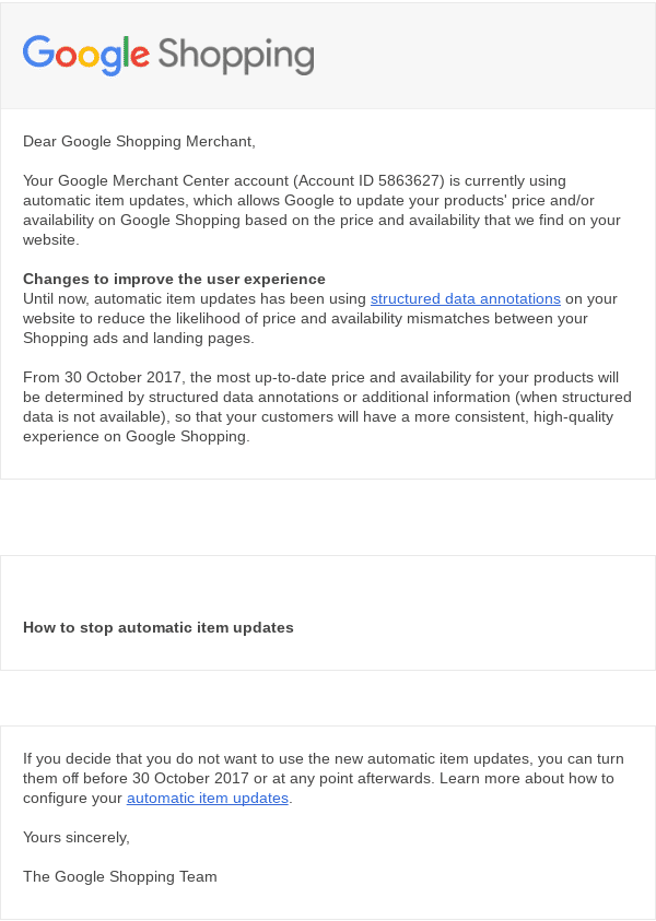 google automatic item updates opt out email 1