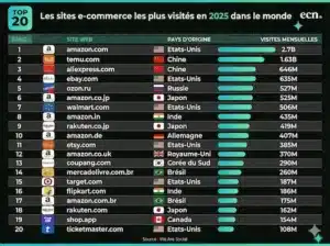 Amazon en tête des sites e-commerce les plus visités au monde, suivi par Temu ! 1 Top 20 sites ecommerce monde 2025