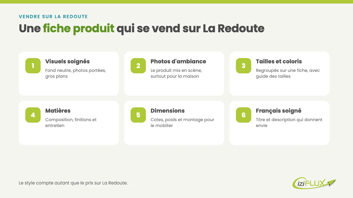 Vendre sur La Redoute en 2026 : le guide ultime des bonnes pratiques 2 Les 6 éléments d'une fiche produit pour vendre sur La Redoute